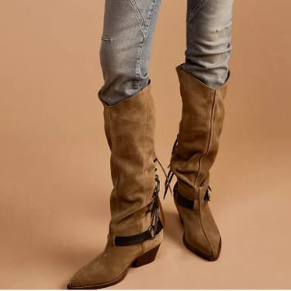 NWOB Free People Black Lace Sway Low Slouchy Suede Leather Knee High Boots 6.5 - Picture 2 of 10